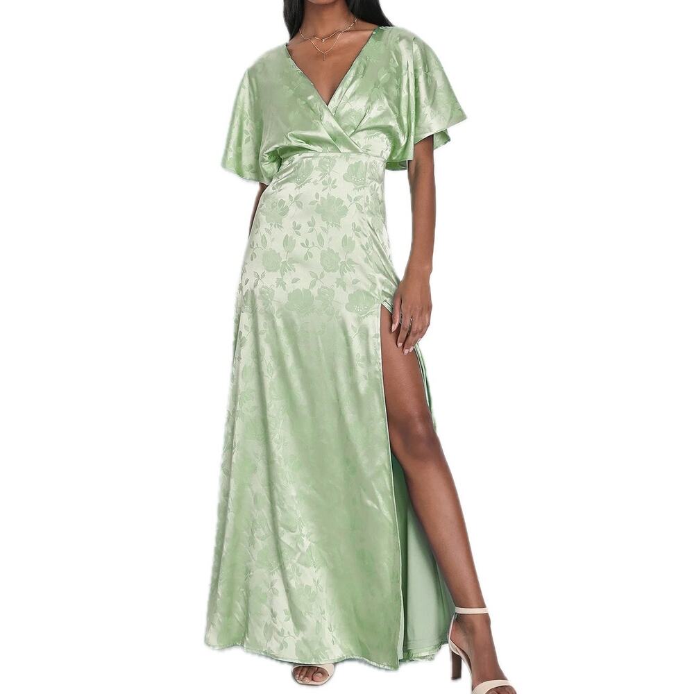 Women's Lulus Lovely Admiration Sage Green Satin Floral Jacquard Maxi Dress